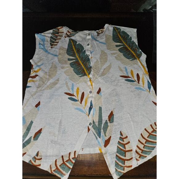 CYNTHIA ROWLEY Botanical Print Button Back 100% Linen Slub Knit Top Sz M - Picture 2 of 5